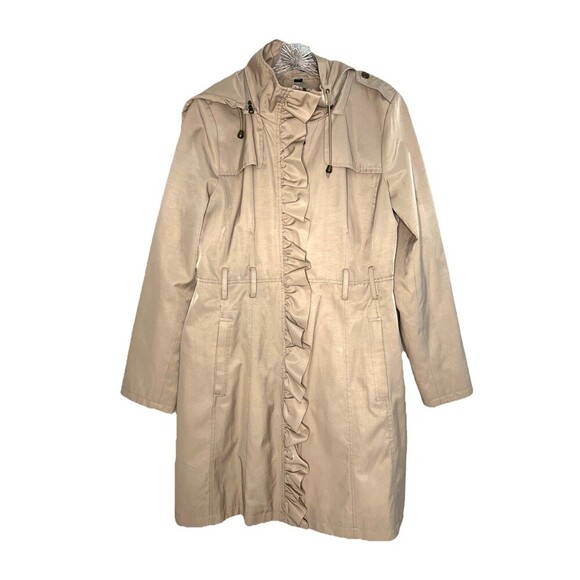 Guess‎ Tan Ruffle Front Hooded Trench Coat Women’s Large Lined Front Zip No Belt - Picture 1 of 11